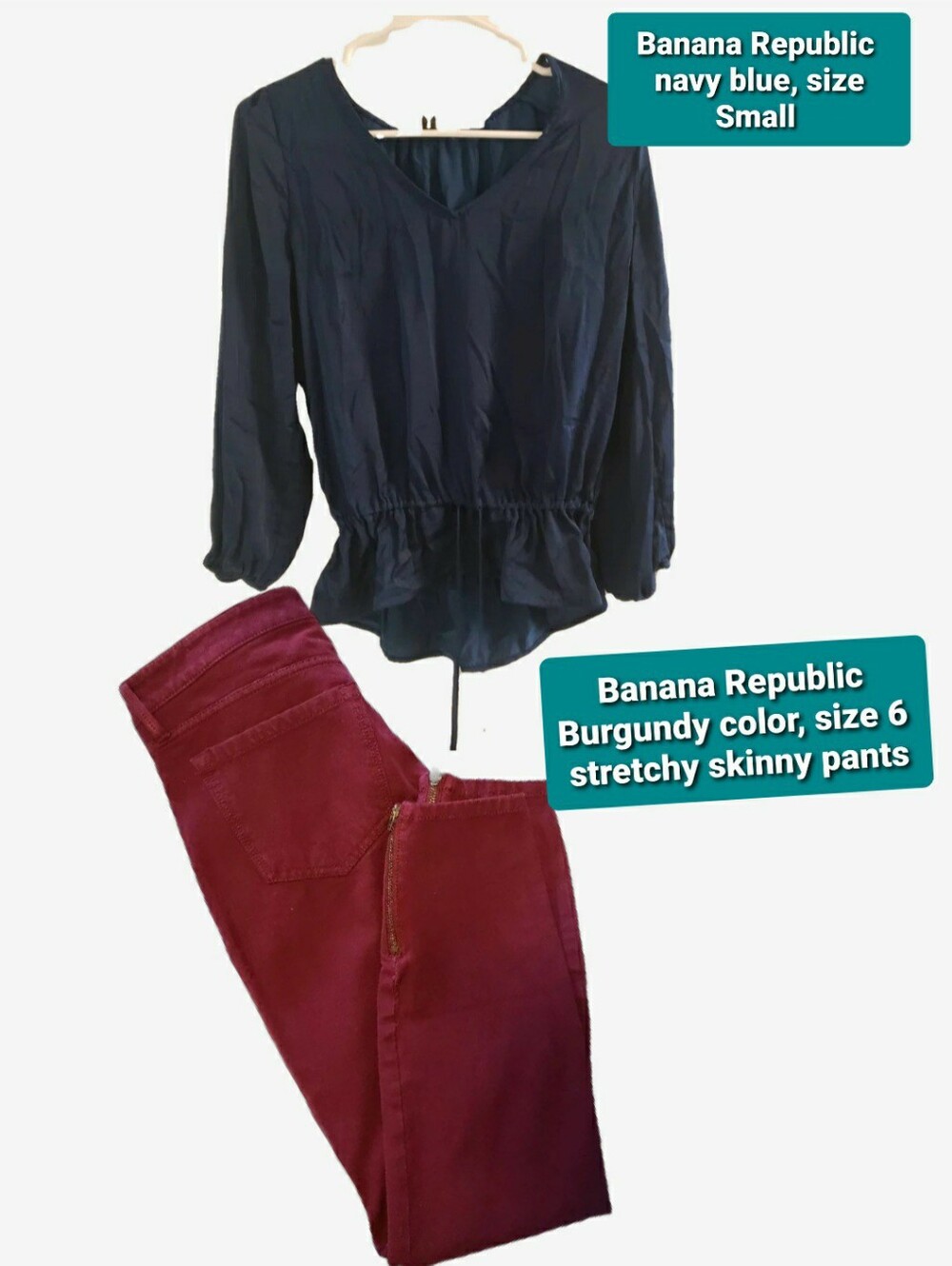 $20 Outfit Banana Republic Navy V-Neck Blouse with Burgundy Skinny Pants